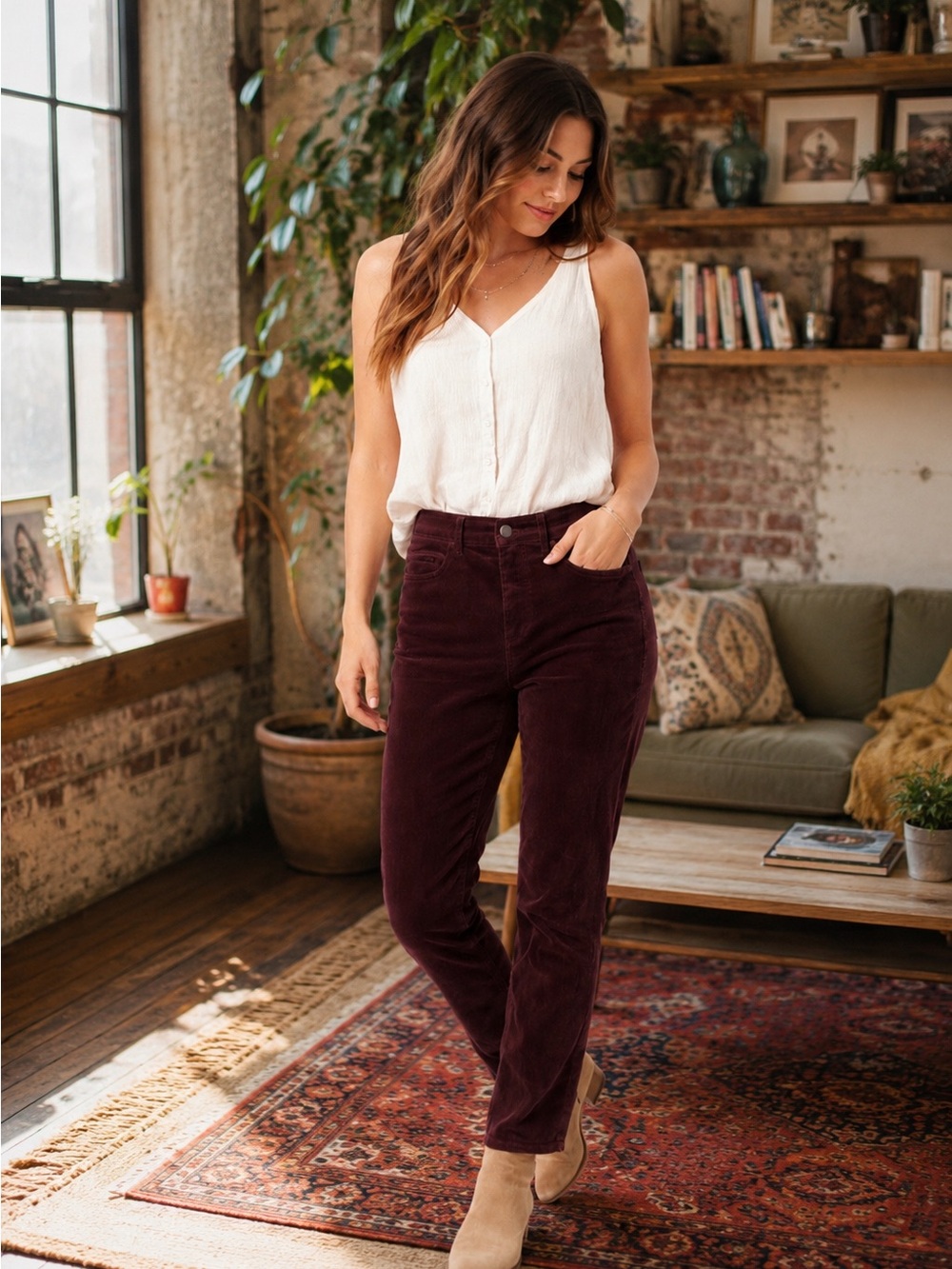LOFT Burgundy Velvet‎ Skinny Pants High Rise Stretch Size 0 25 Wine Red